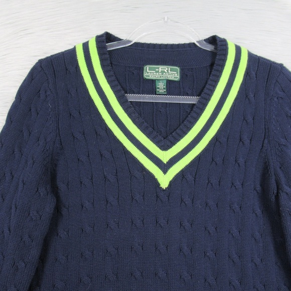 RALPH LAUREN Vintage Navy Blue V-Neck Cable Knit Tennis Sweater Women Size Large - Picture 4 of 13